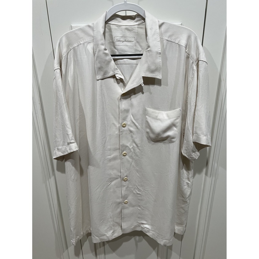 Tommy Bahama Silk Camp‎ Shirt Mens XXL Cream Short Sleeve Button Up Resort